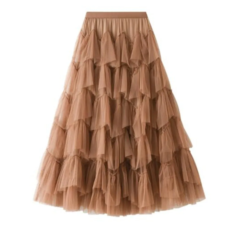 Vintage Tulle Long Skirt High Waist Ruffled Layers Ball Gown Brown Pleated Mesh Skirts Long Party Tutu Skirt Female Jupe Longue