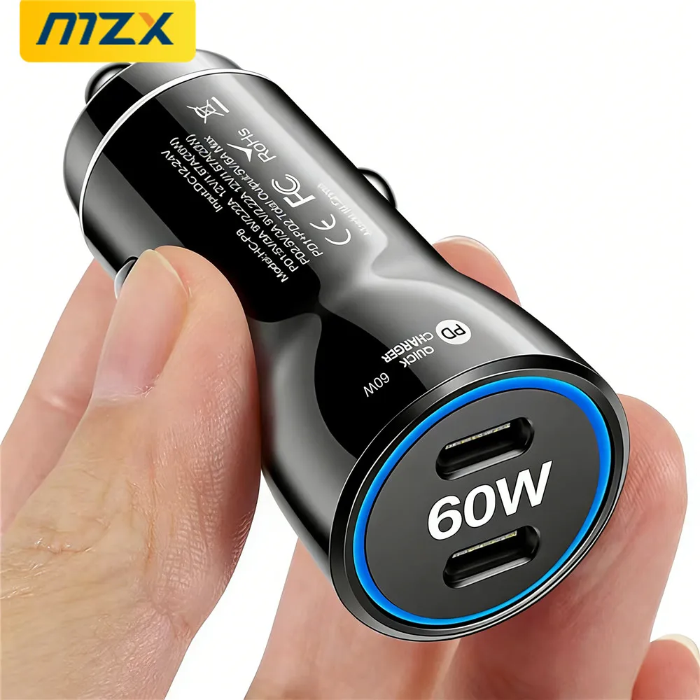 Фото Автомобильное зарядное устройство MZX 60W/48W/30W с двумя портами USB-A и Type-C, быстрая зарядка PD, 12V/24V, для прикуривателя, QC 3.0 №1