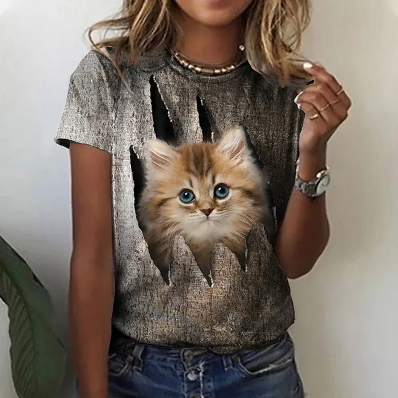 3D cat print T-shirt for woman, basic T-shirt with round neck and 3D cat animal print, casual baggy T-shirt for womens