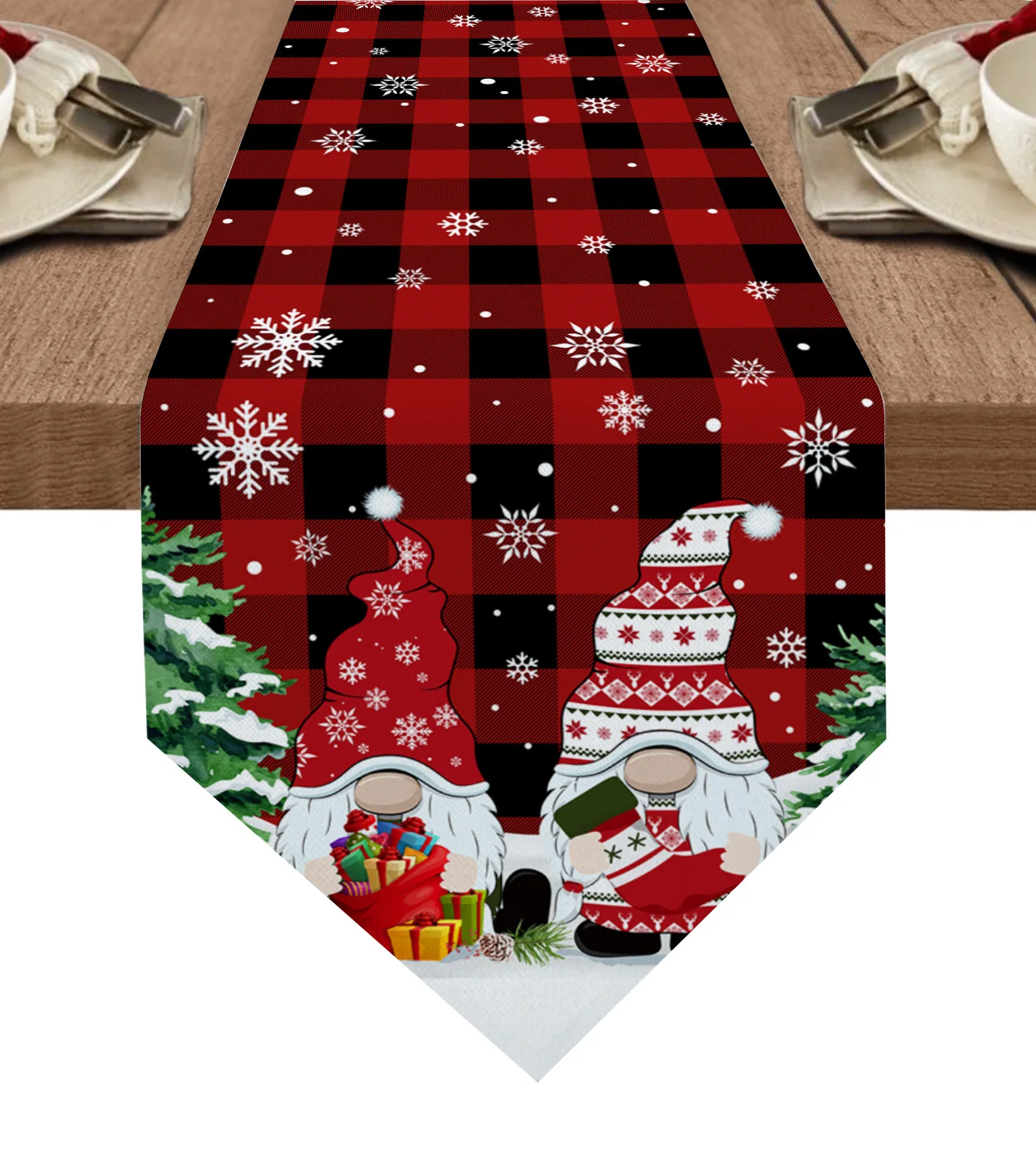 

Cartoon Christmas Gnome Snowflake Plaid Table Runner Wedding Tablecloth Christmas Decoration Holiday Party Table Runner