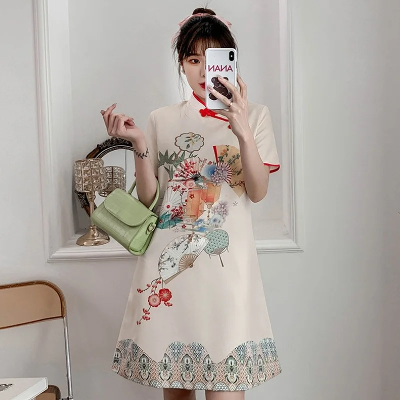

2022 Summer New Modern Vintage Elegant Chinese Dress Apricot Print National Style Cheongsam Women Fashion Loose 2022 Qipao