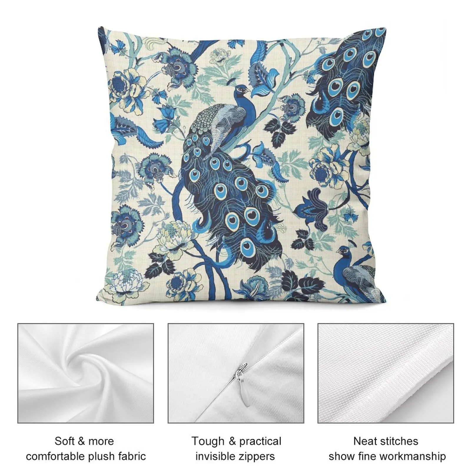 Китайская синяя Павлин льняная Подушка винтажная декоративная подушка