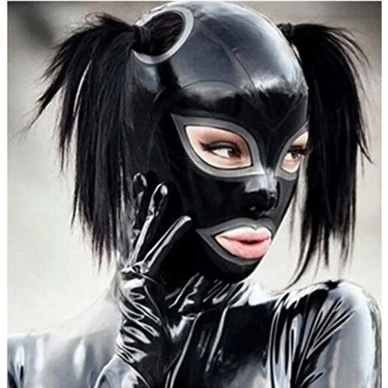 Sexy Black Latex Hood Mask Fetish Open Eyes Mouth with Hair Hole Black with Silver  Back Zipper (No Hair)
