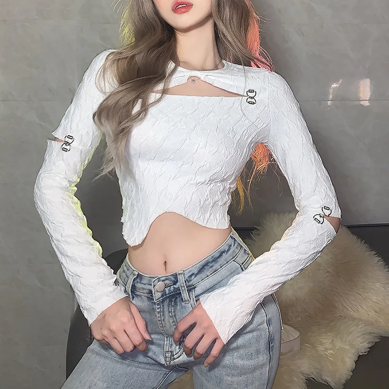 

Y2k эстетичные Женские топы с вырезами в стиле пэчворк, однотонная белая облегающая Асимметричная женская футболка до пупка с круглым вырезо...