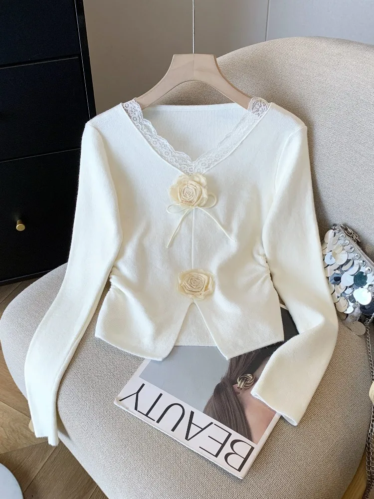 Французская кружевная вязаная футболка с v-образным вырезом в стиле пэчворк