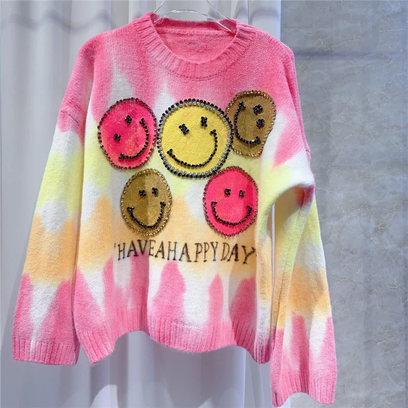 

Autumn Winter Pink Smiley Face Sweater Women's Knitted Round Neck Tops Female Korean Loose Oversized Bottoming Sweaters