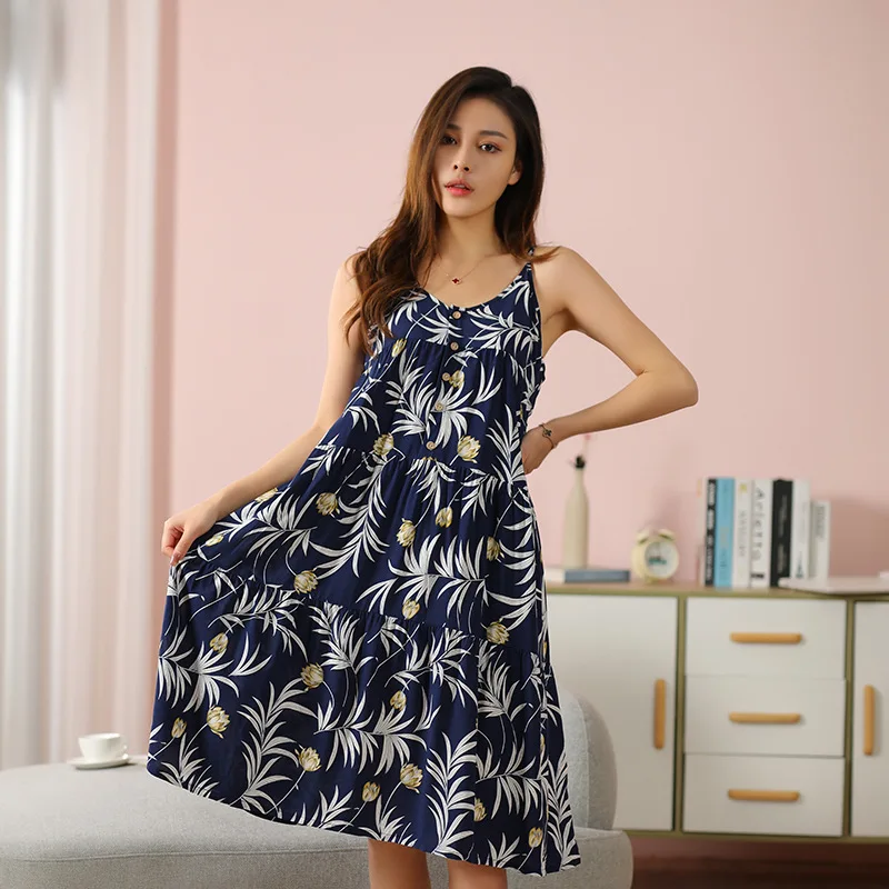 

Summer Sexy Spaghetti Strap Sleeveless Viscose Nightgowns Nightwear Printed Cotton Women Nightdress Sleepwears For Female