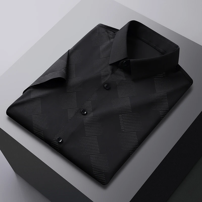 

Men's Shirt Short Sleeve Top Grade Business Fashion Lapel Soft Korean Summer Cool Printing Classic Striped Slim Fit Top New