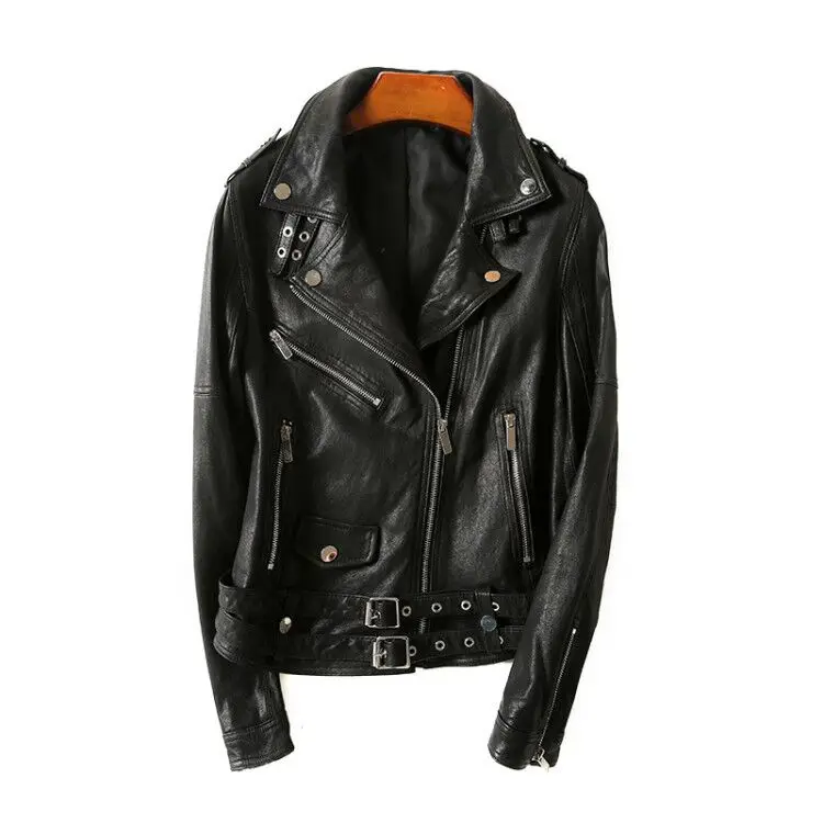 

2023 Genuine Leather Biker Jacket Women Streetwear Sashes Zipper Slim Sheepskin Coat Autumn Winter Punk Black Short Jacket Femal