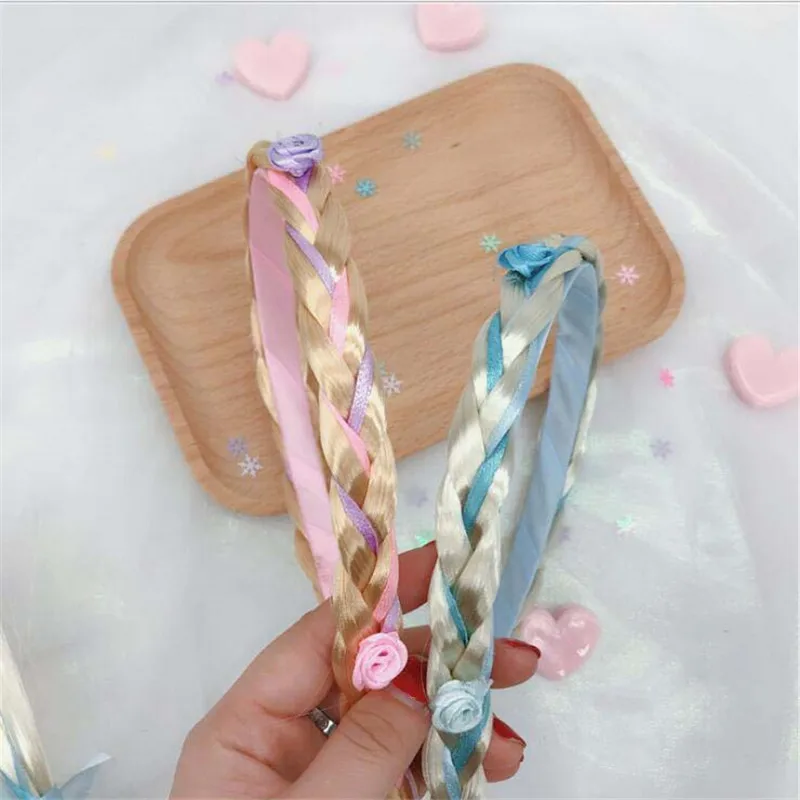 Детская плетеная повязка на голову с цветами розовая синяя фиолетовая