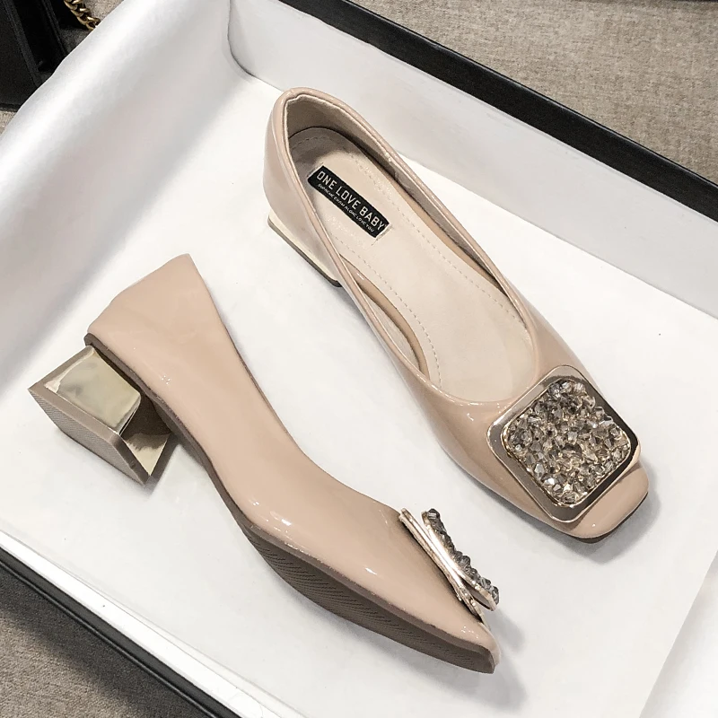 

Square Heel Single Shoes Women's Middle 2020 Summer New Versatile Patent Leather Red Four Seasons Head