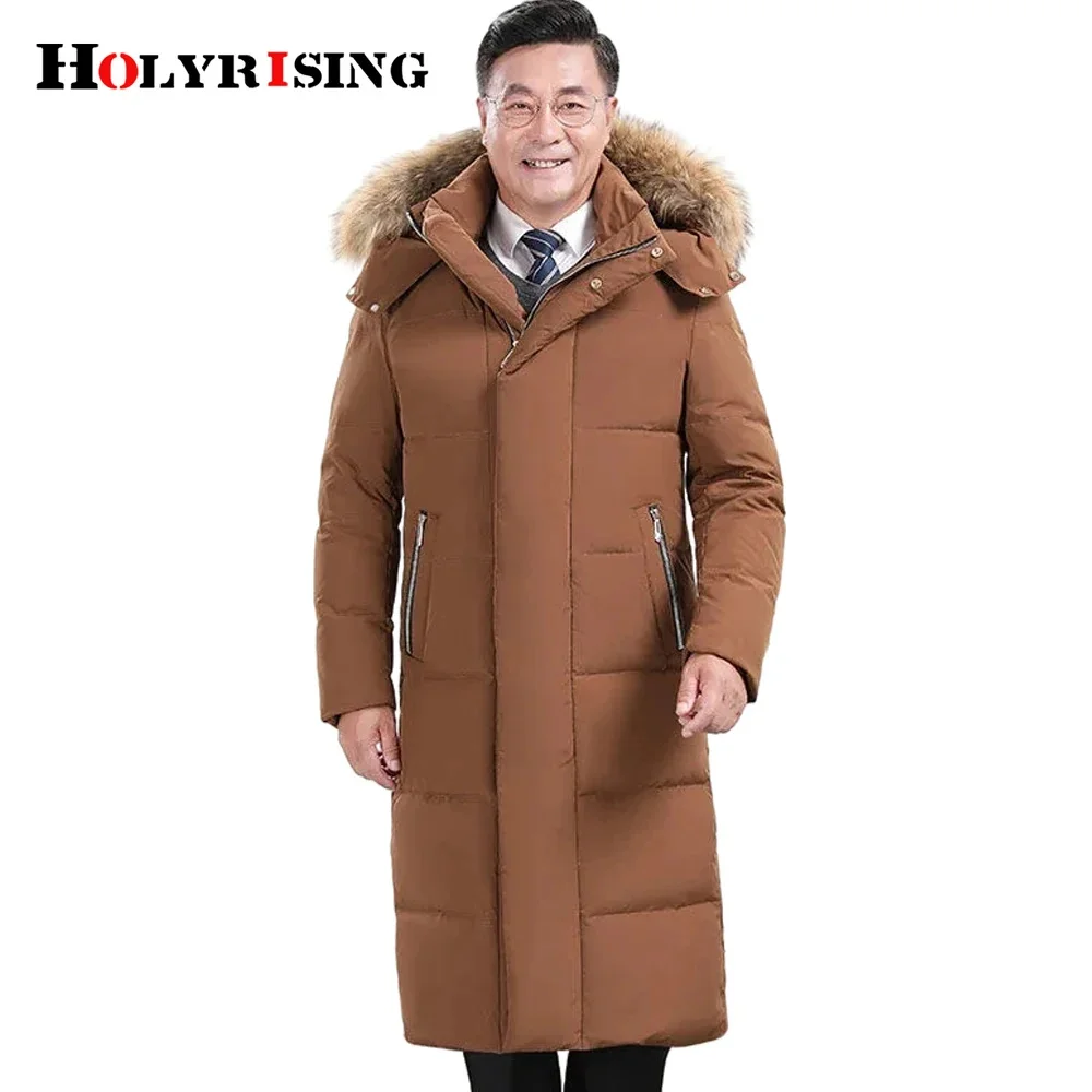 

Длинная зимняя мужская пуховая куртка выше колена с мехом и капюшоном