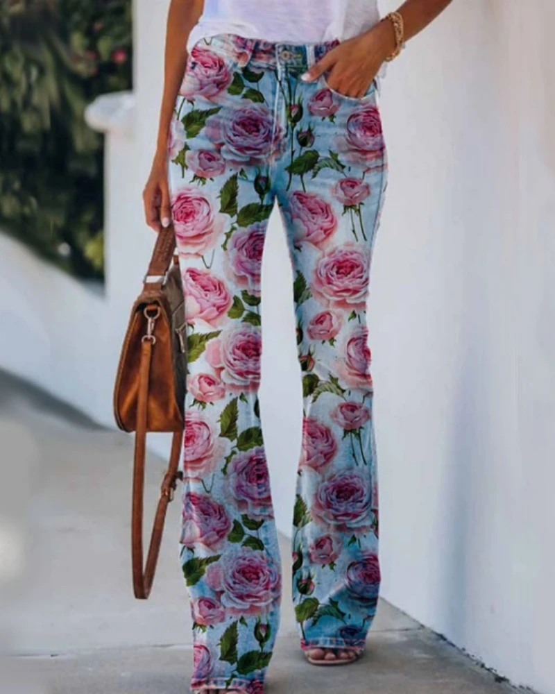 

High Waist Cargo Pants for Women, Bootcut, Distressed, Flared, Flower Print, Faux Denim Jeans, 90s Vintage Clothes, 2023