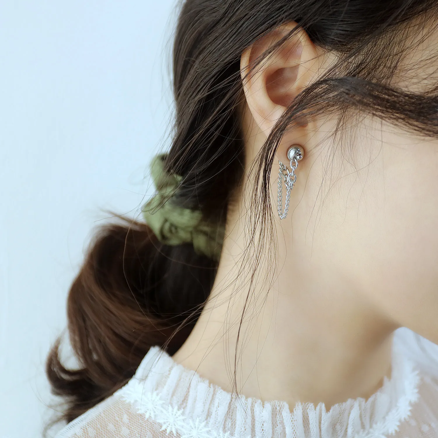 Ornament Korean New Simple Geometric Double-Layer Chain Ear Clip Stainless Steel Inlaid Zircon Earrings