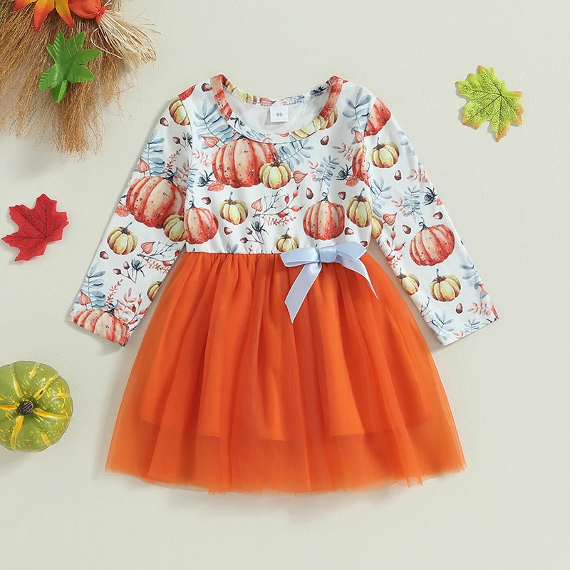 

Listenwind 1-4Y Kids Girls Halloween Princess Cute Dress Pumpkin Print Layered Tulle Long Sleeve Dress Fall Casual Clothes