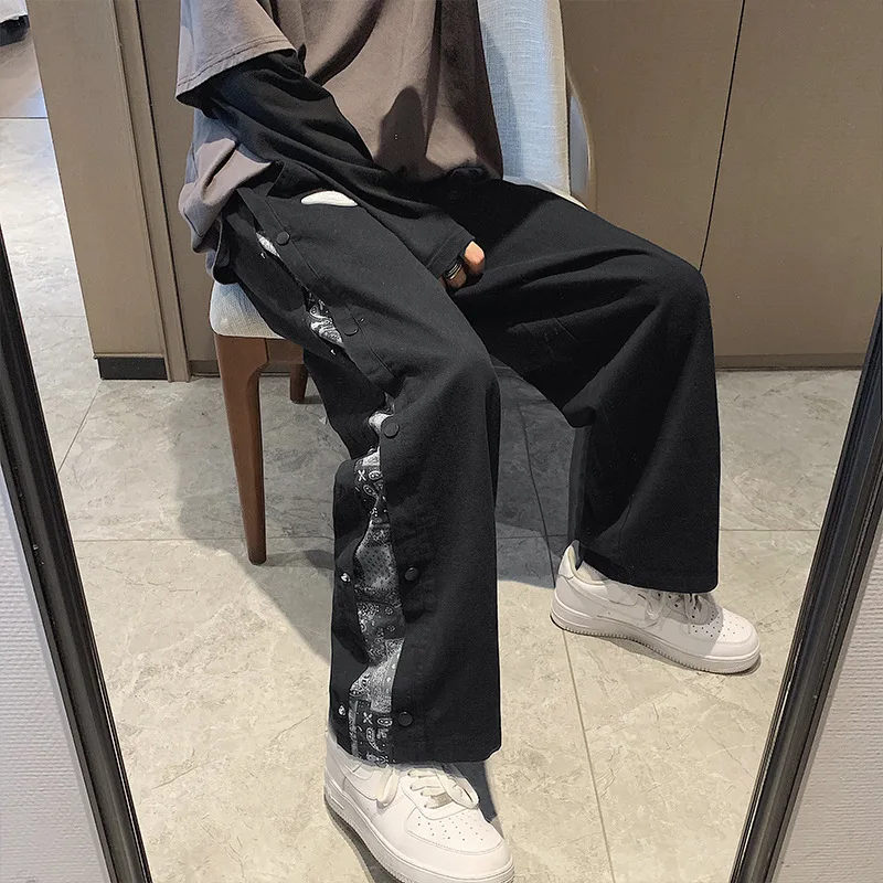 Cashew Flower Breasted Pants Men's Korean Fashion Streetwear Summer Casual Straight Gothic Pants Loose Wide Leg Pants Trousers
