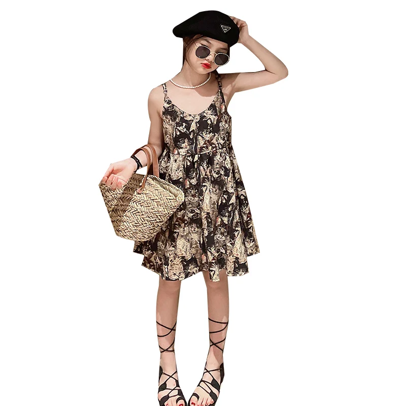 

Teen Girls Slip Dresses Shoulderless Summer Cartoon Dinner Dress for Young Girl School Children Clothes Girls Casual Dress 4-12Y