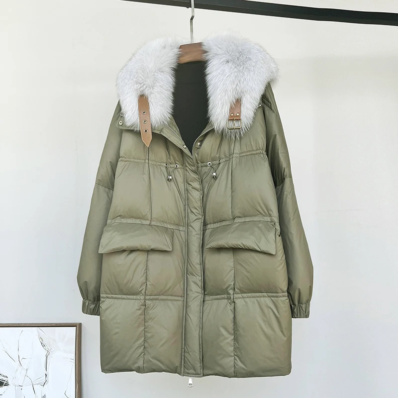 Fox Furry Coat White Duck Down Jacket Women's Mid-Length Haining Leather Fur Coat enlarge