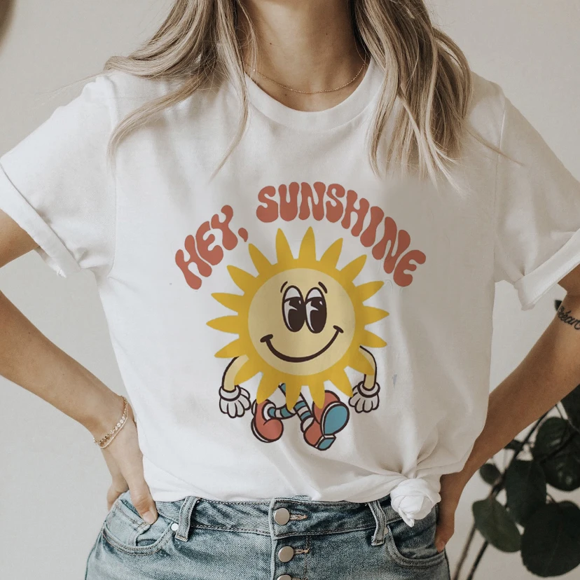 

Футболки женские с мультяшным принтом солнца, забавная летняя модная одежда с коротким рукавом, графическая футболка, топ, женская футболка...
