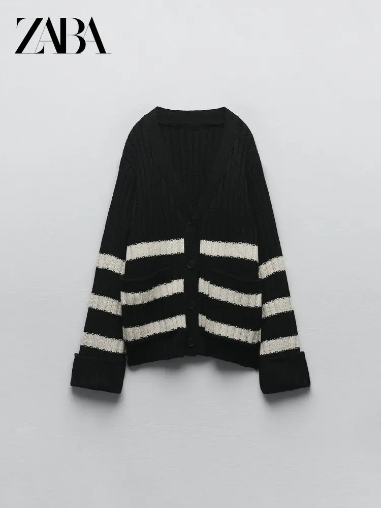 

ZABA ZAR ZA Autumn and Winter Women's New All-match Lazy Wind Pocket Decoration V-neck Sweater Cardigan Striped Knitted Jacket