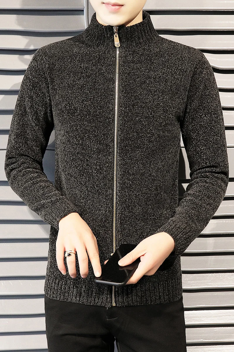 Knit Sweater Jacket Men's Cardigan Autumn Outer Wear 21 New Solid Color Men's Sweater Chenille Autumn and Winter Trend Sweaters