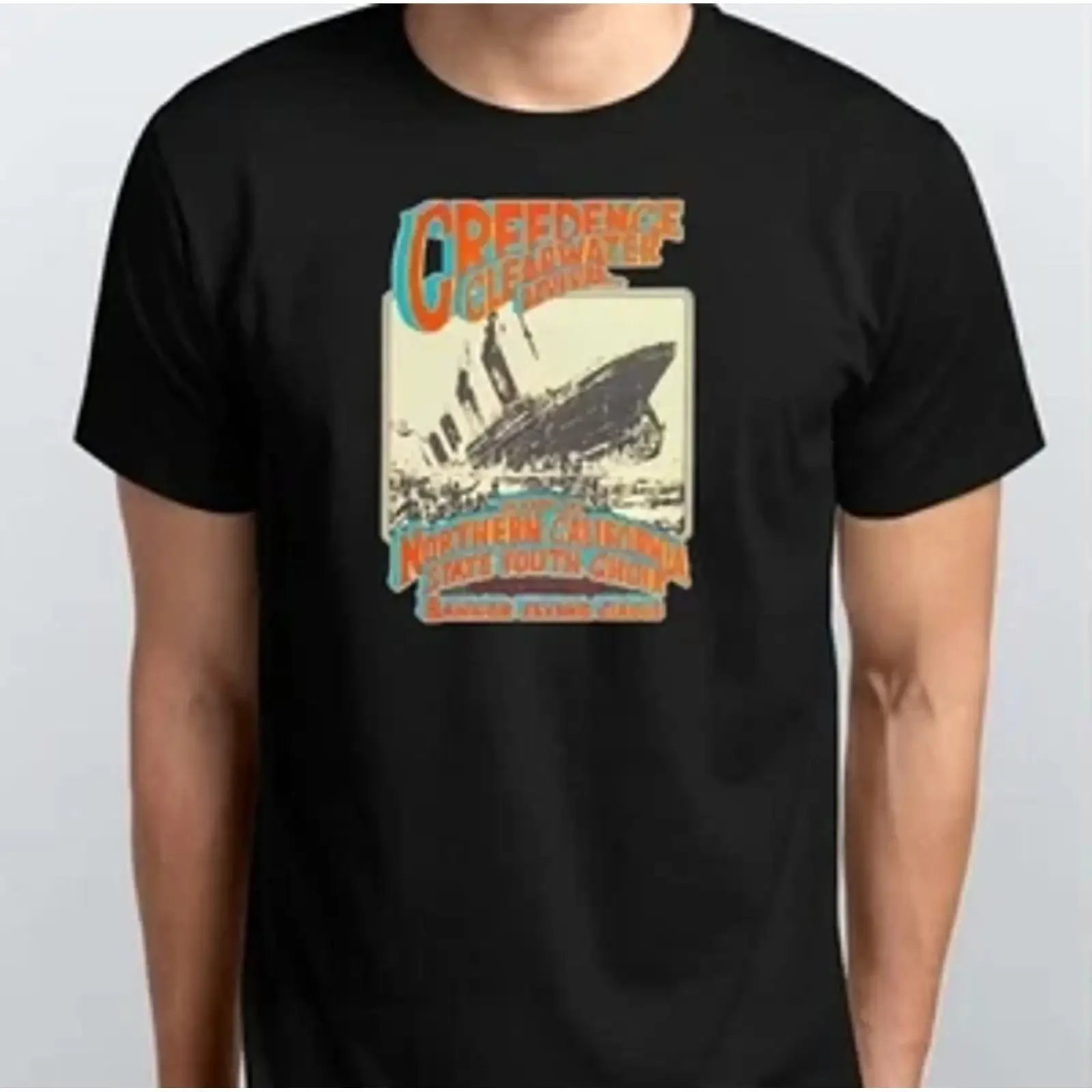 Фото Футболка Creedence Clearwater Revival с принтом концертного плаката 90-х годов, размеры S, M, L, XL, XXL, 3XL, 4XL, черная, винтажная, с эффектом потертости, модная, унисекс, для повседневной носки №1