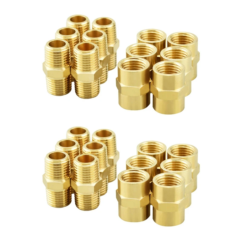 

24PCS Pneumatic Tools Supporting Brass 1 / 4NPT Double Head Threaded Connector Metal Brass Pipe Fittings