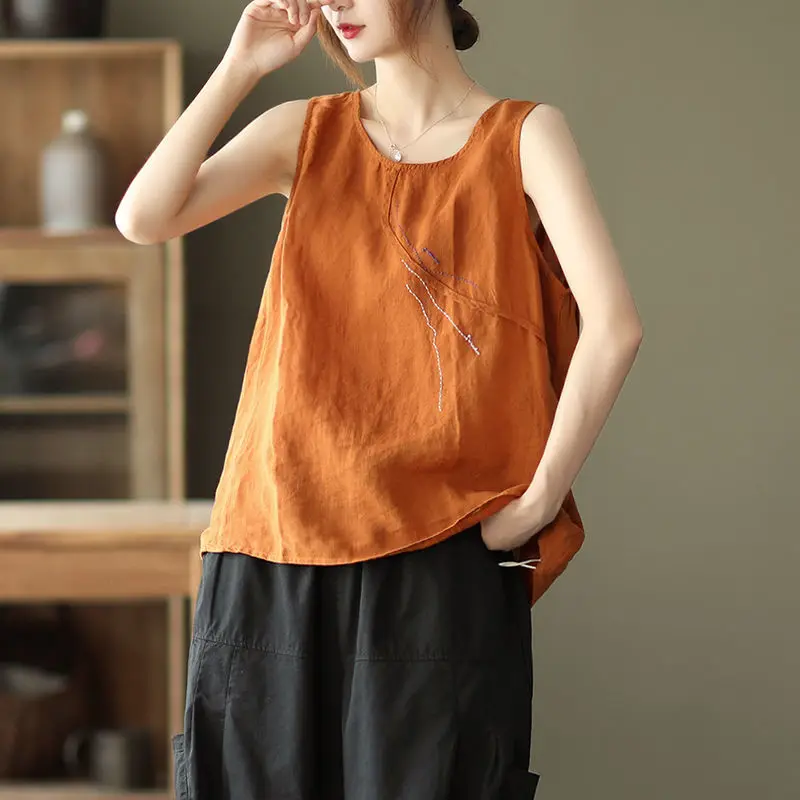 

Cotton Linen Sleeveless Vest Tanks Top Women Summer Oversized Blouses Ladies Loose Fashion Cute Pink Black Tops Casual Clothing