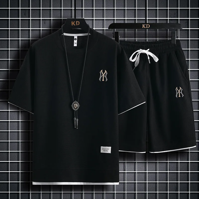 Casual Sports NY Suit Fake Two Pieces Short Sleeve T-shirt Men's Summer Embroidered Waffle Clothes Set Matching