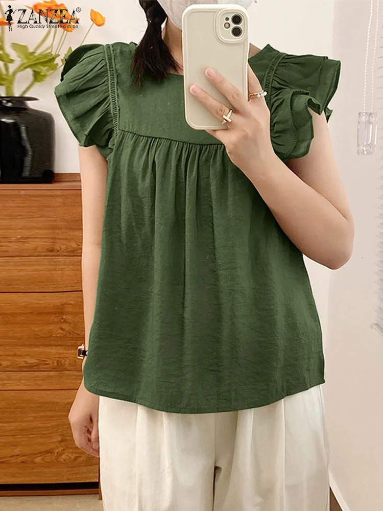 

ZANZEA Women Sleeveless Tank Tops Femme Elegant Ruffles O-Neck Blouse Causal Holiday Beach Tops Party Tunic Loose Work Blusas