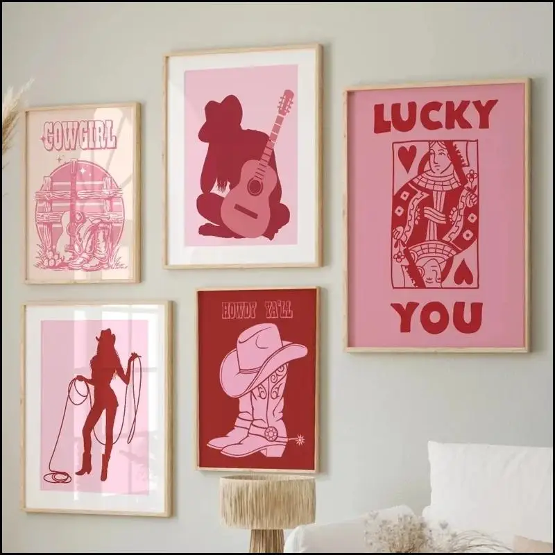 Модный Розовый Оранжевый Консервативный Ковбойский Плакат С Гитарой И Покерной