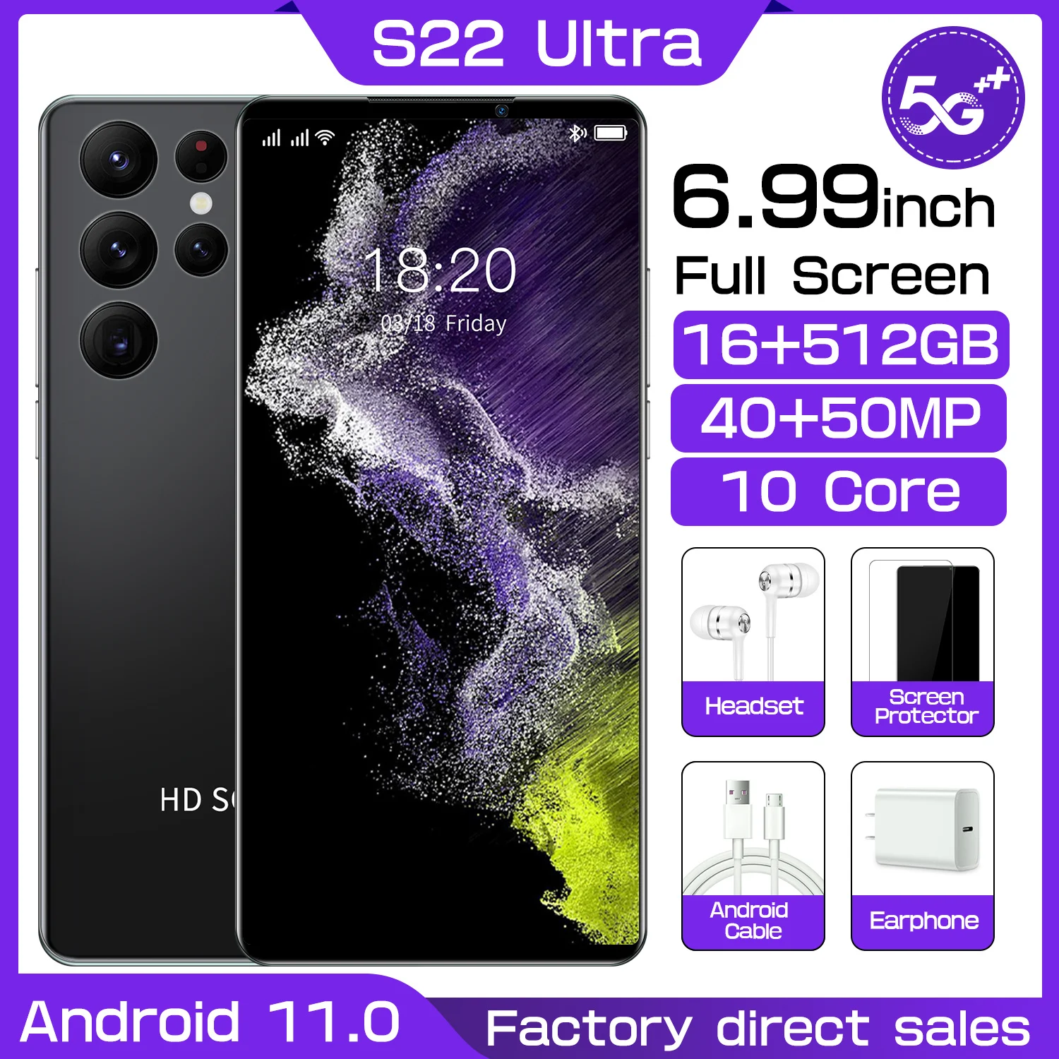 

Смартфон S22 Ultra, 6,99 дюйма, HD, 16 + 512 ГБ, Android 11