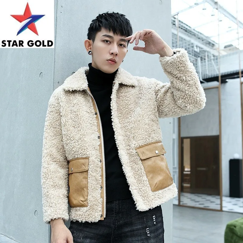 

Мужская короткая приталенная куртка из овечьей шерсти, повседневная шерстяная куртка с карманами и овечьим мехом, верхняя одежда размером 4XL