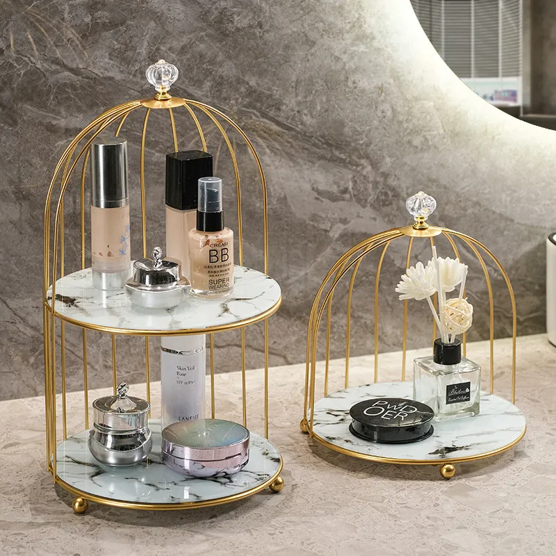 

Makeup Organizer Rack Bathroom Cosmetic Storage Box Decoration Desktop Jewelry Lipstick Skin Care Products Iron Bird Cage Holder