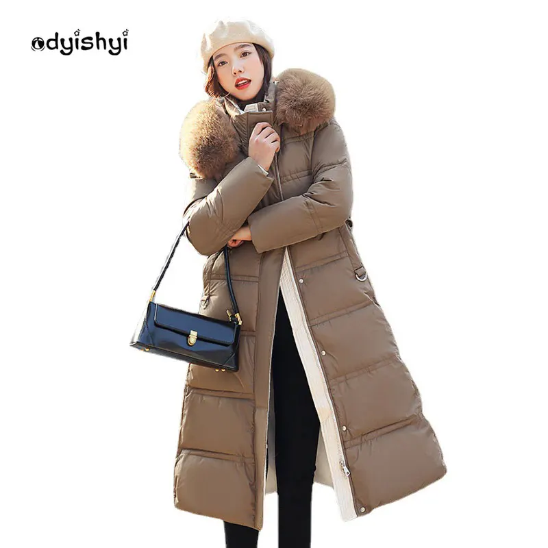 

Зимняя новая пуховая куртка, Женская парка с большим меховым воротником и капюшоном, корейское облегающее длинное пальто с поясом, женское ...