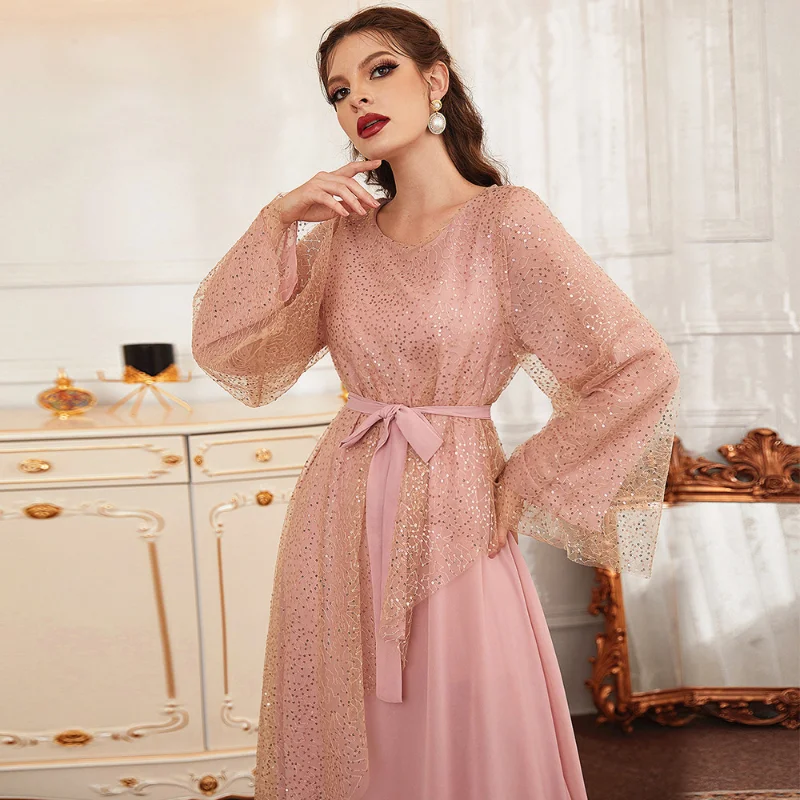 Elegant Dresses For Women Sequins Mesh Solid Pink Maxi Dress O-Neck Full Sleeve Belted Caftan Marocain Ladies Party Robe Ramadan