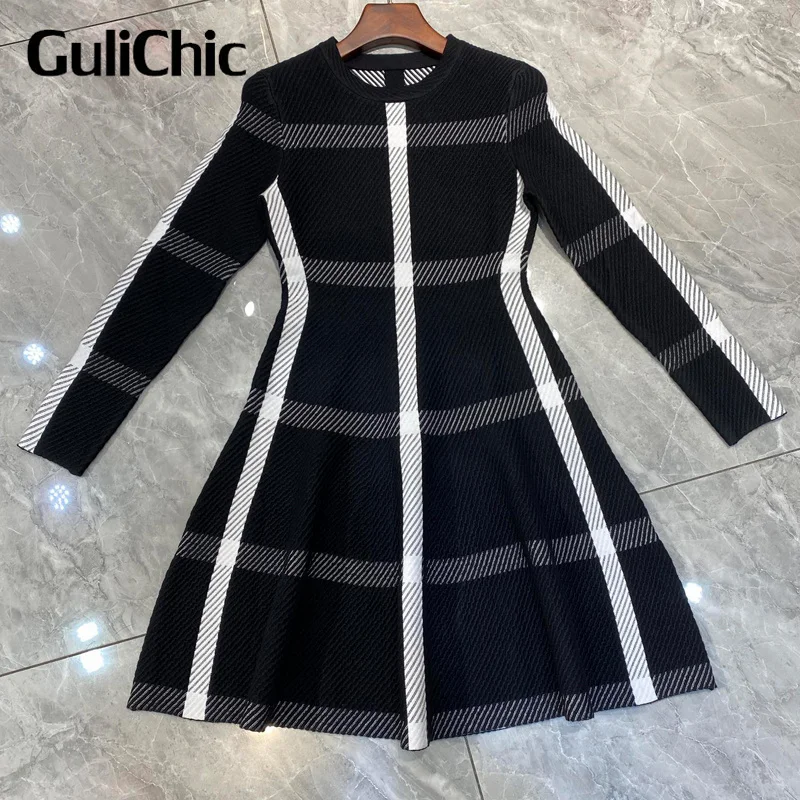 

Женское элегантное винтажное трикотажное мини-платье GuliChic из смески шерсти с длинным рукавом и узором в клетку, 8,28