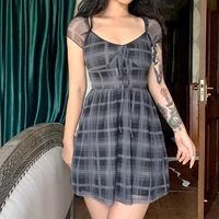lattice pattern a line short sleeve mini dress for womens clothes 2022 summer casual stretch comfortable lady streetwear