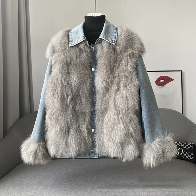 KBAT Faux Fox Fur Women Winter Denim Jacket 2022 Oversize Large Fur Collar Plus Velvet Jacket Thick Loose Warm Bomber Jean Coat