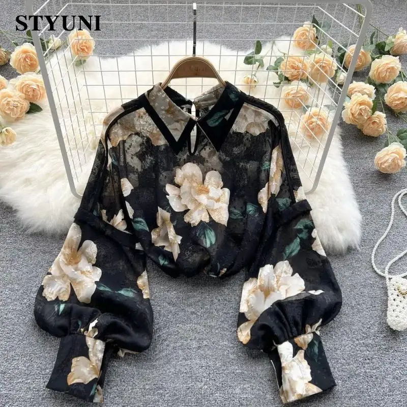 

Женская винтажная шифоновая блузка с цветочным принтом и воротником-поло, рубашка, пуловер с рукавами-фонариками, свободные блузки, топы, весна-лето 2023