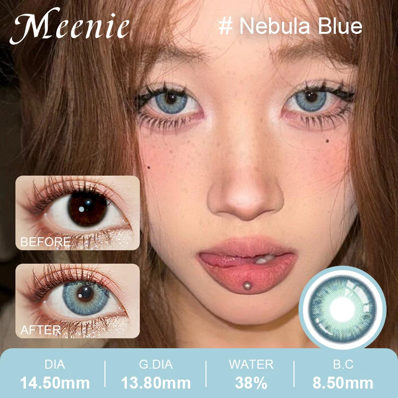 Фото Синие цветные линзы Meenie Nebula 0,00 ~-6,00, новые 2 шт., 6 ежемесячных линз, классические контактные линзы для косплея, косметические мягкие контактные линзы №1