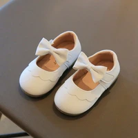 beige round head childrens cute casual shallow leather shoes 2022 new soft girl all match flat bottom kids mary janes bow lace