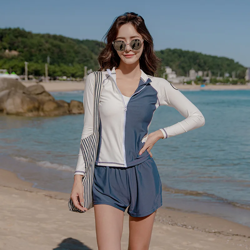 

Fashion Zipper Conservative Ladies Swimwear 2023 Korean Long Sleeve Couple Swimsuit Women Three Piece Set Sports Style