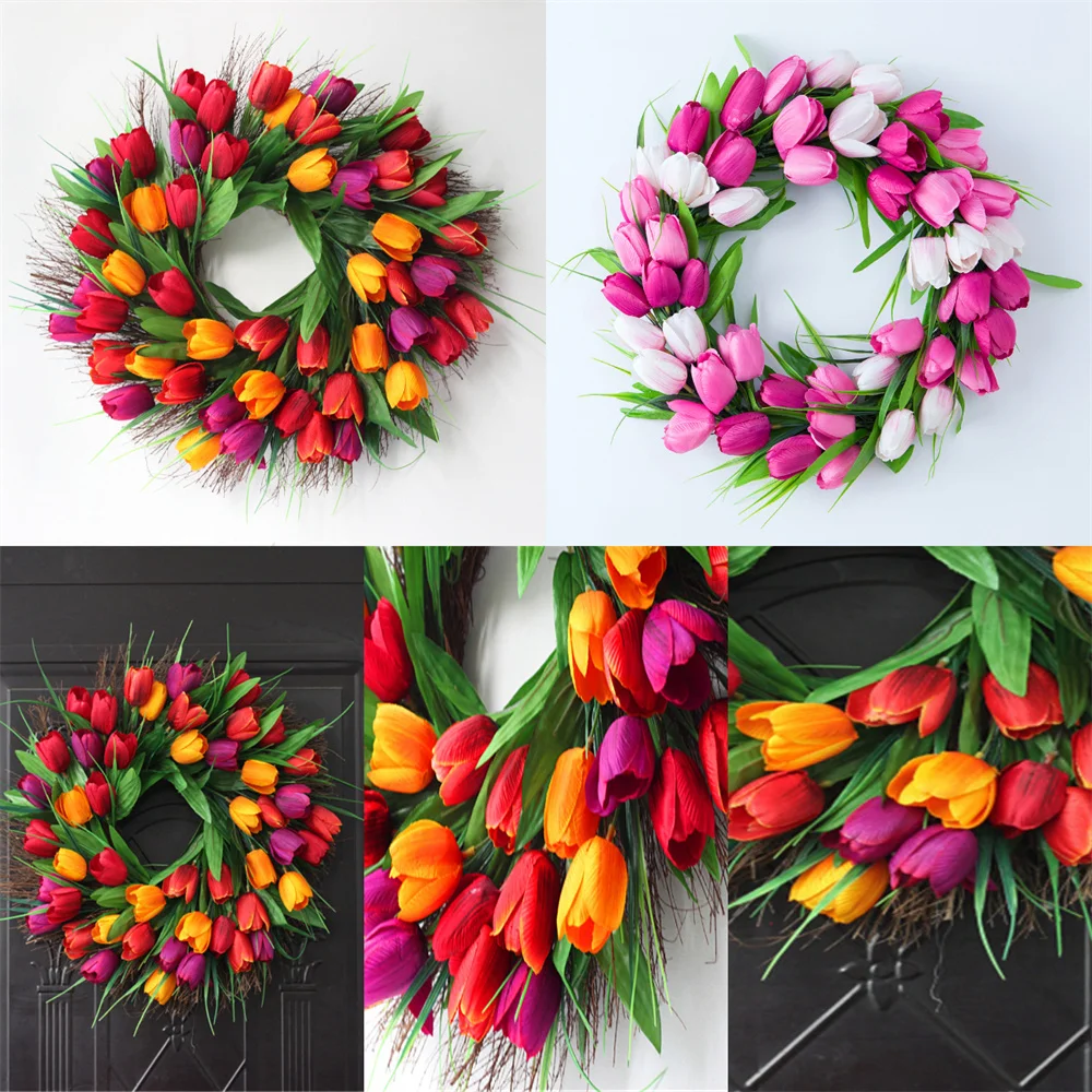 

Artificial Flower Tulipan Wreath Spring Decor Wall Hanging Garland Wedding Easter Party Decoration Front Door Home Decor