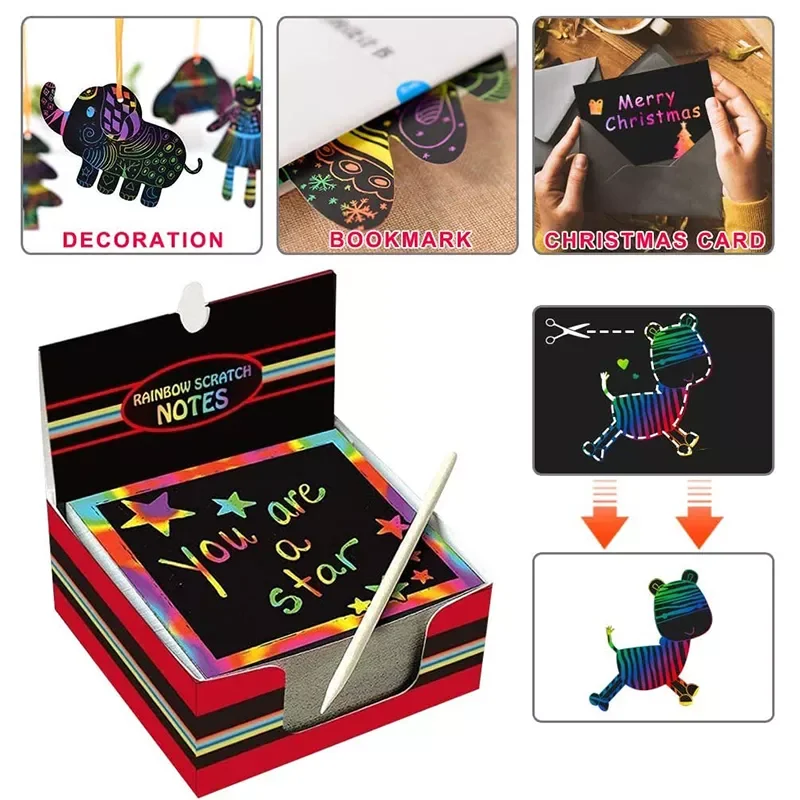 

100/10pcs Rainbow Scratch Mini Notes Paper Pad Cards With 2 Stylus 2 Drawing Stencil Children Kids Draw Painting Toys Craft Gift