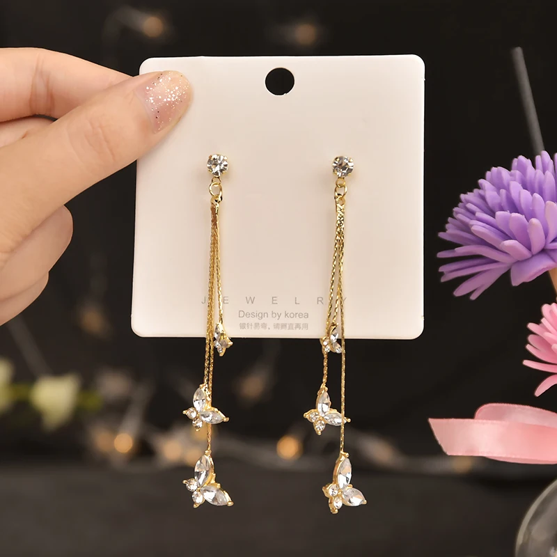 

Rimiut S925 Silver Needle Crystal Butterfly Earrings Temperament Long Tassel Earrings Women Korean High Qulity Party Jewelry