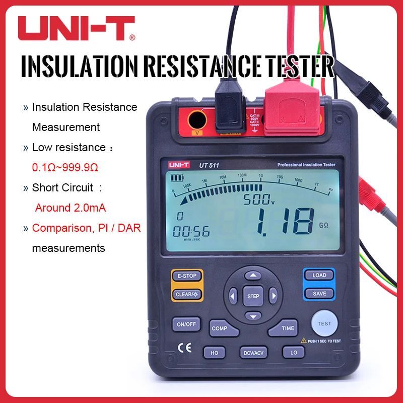 

UNI-T UT511 1000V Insulation Resistance Tester 10Gohm Low Ohm Ohmmeter Digital Voltmeter Auto Range LCD Backlight Megger