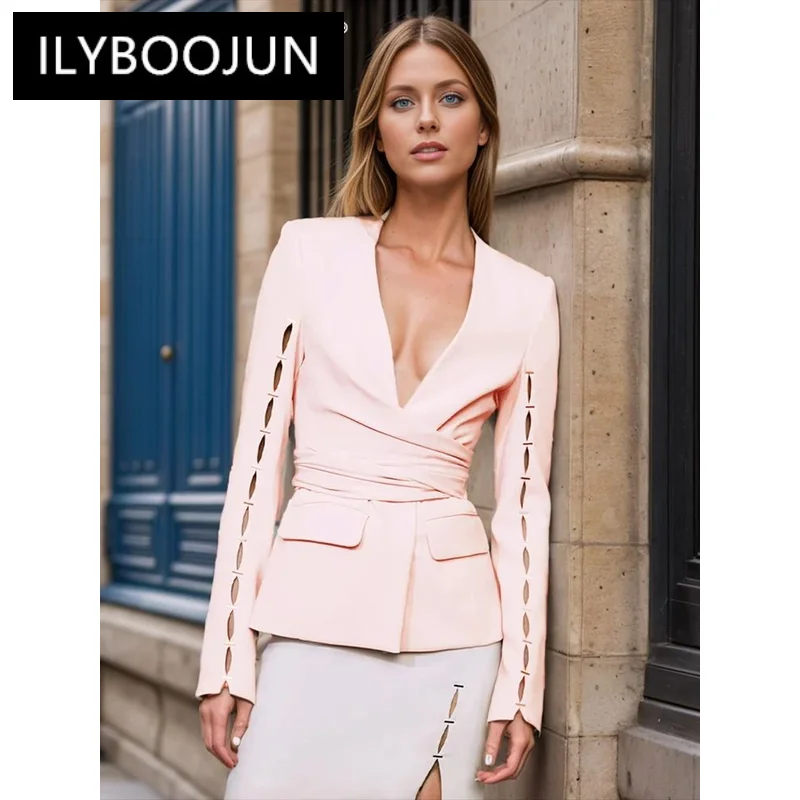 Женская приталенная куртка ажурная туника с V-образным вырезом и длинным рукавом