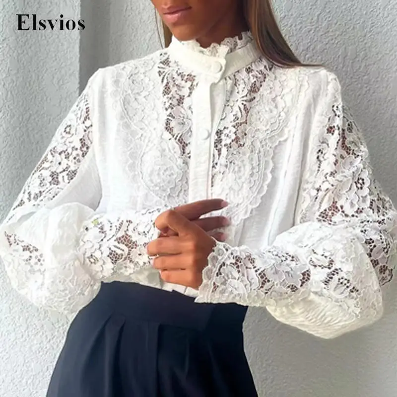 

Office Lady Fashion Lace Blouse Shirt Women Sexy Hollow Out Flower Embroidery Shirt Elegant Long Sleeve Stand Collar Tops Blusas