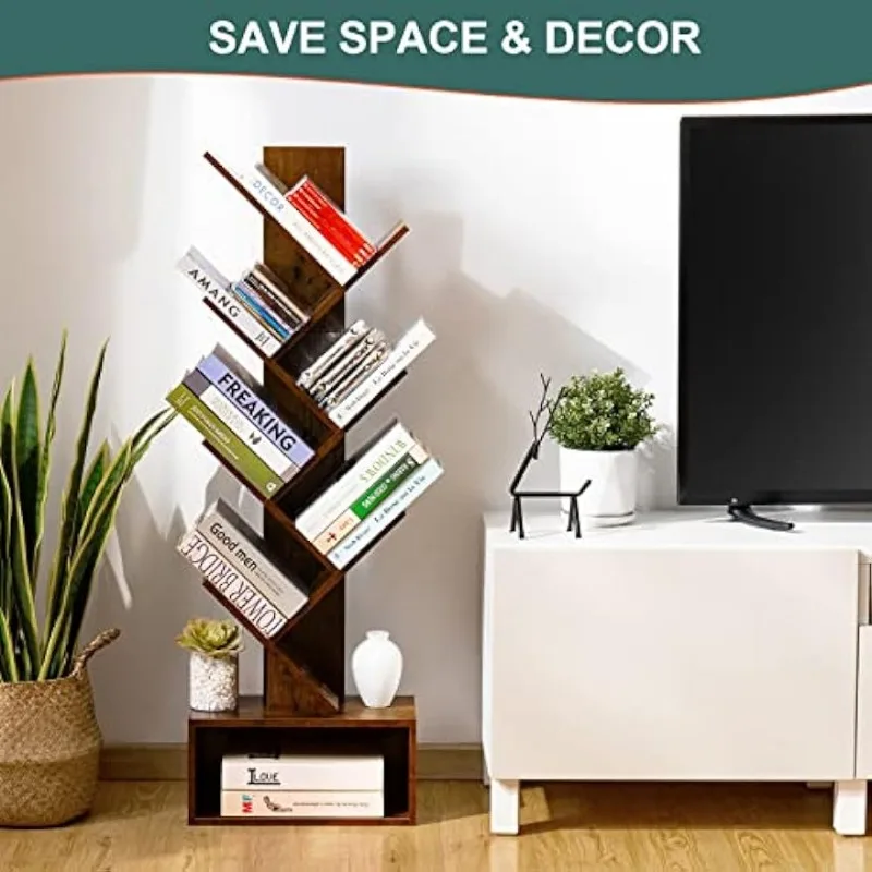 

Yoobure Tree Bookshelf - 6 Shelf Retro Floor Standing Bookcase, Tall Wood Book Storage Rack for CDs/Movies/Books, Utility